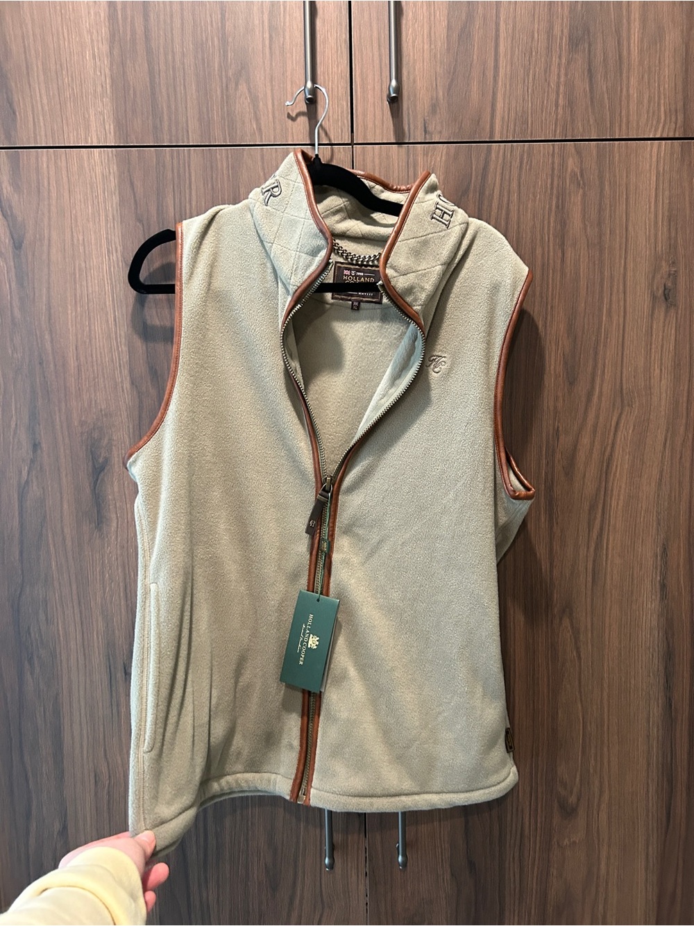 Men's Tan Fleece Vest with Leather Trim